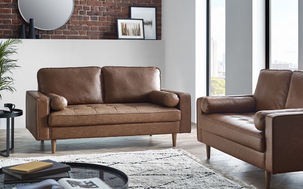 Brown Tan Faux Leather 3 Seater Sofa with Bolster