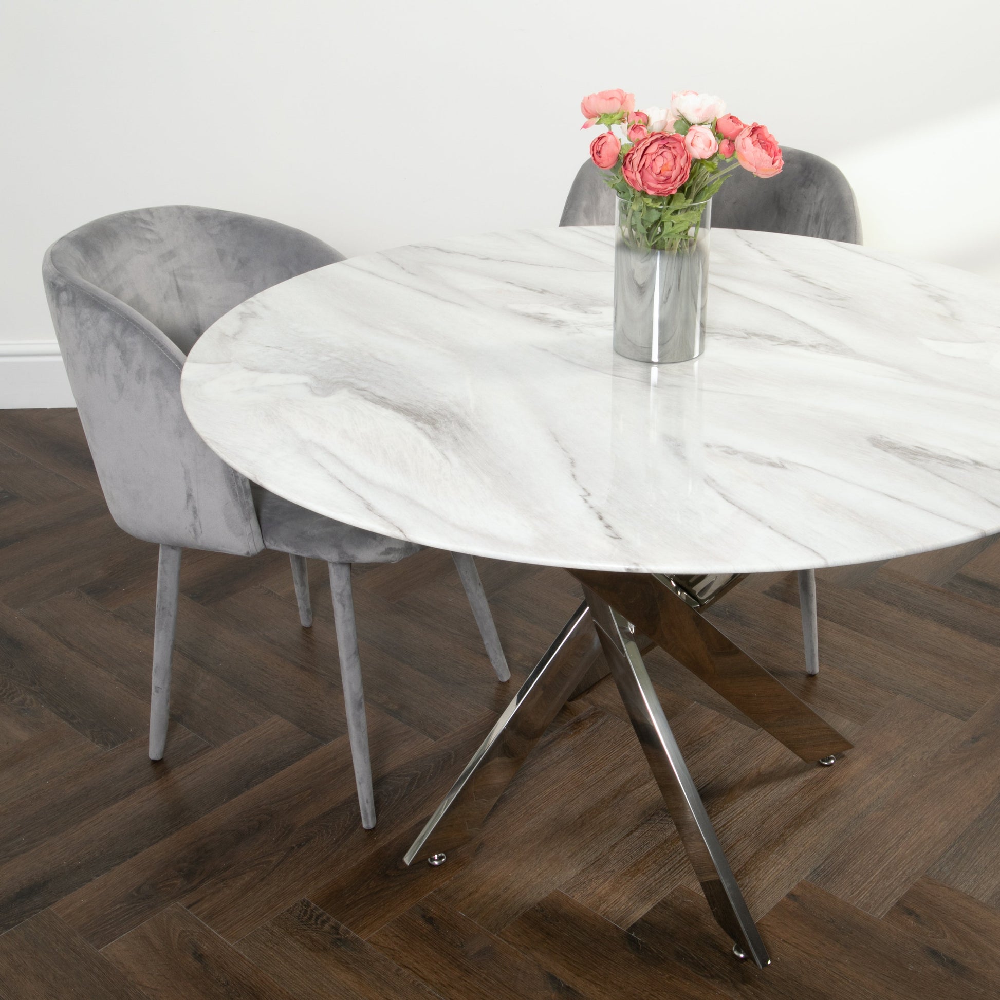 Marble Glass Round Dining Table with Silver Plated Legs