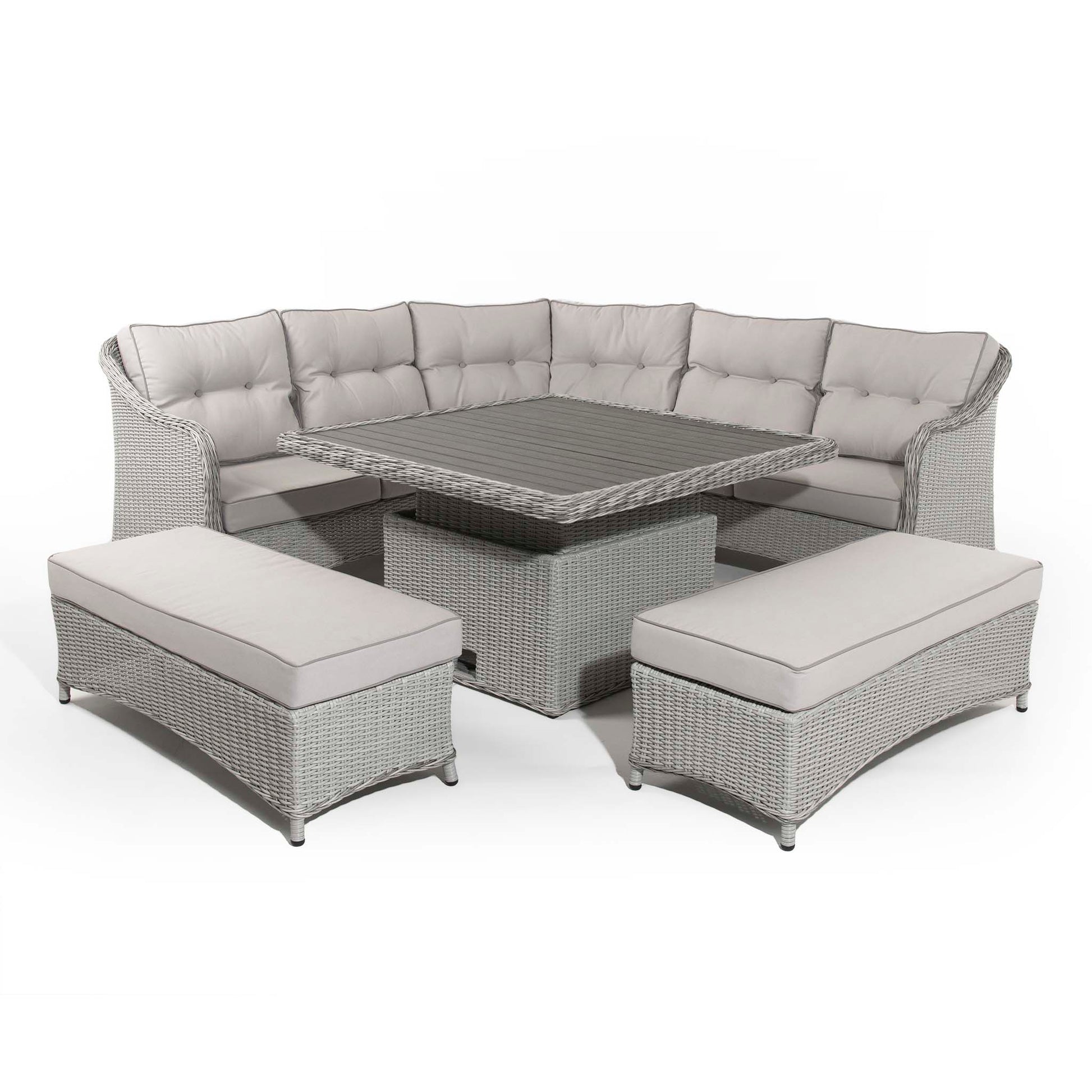 Rattan Outdoor Grey Corner Sofa with Coffee Table and 2 Benches