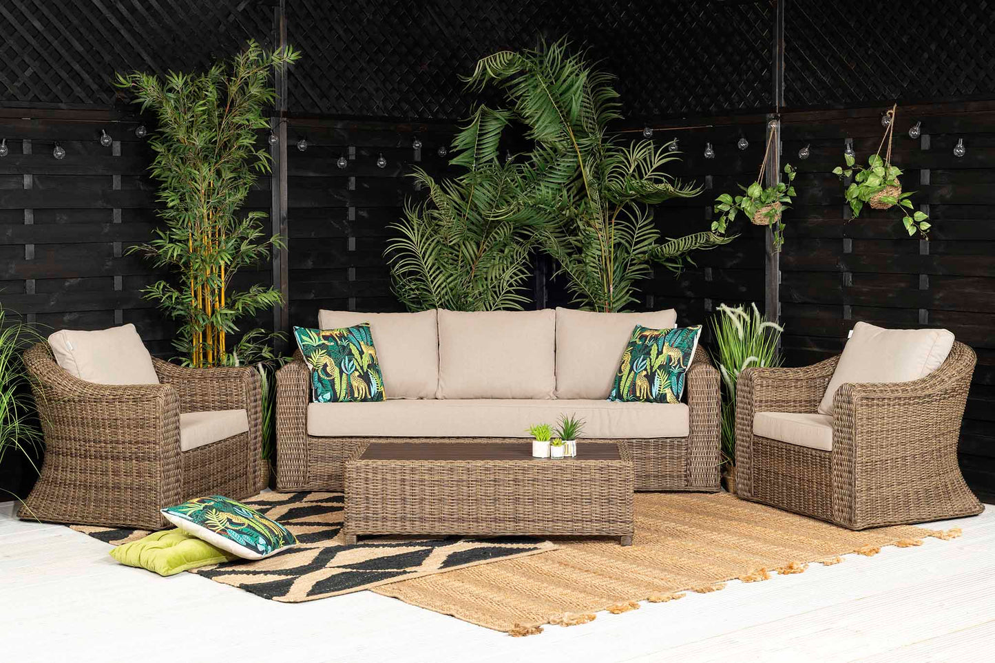 Outdoor Brown 3 Seater Sofa with 2 Armchairs and Coffee Table