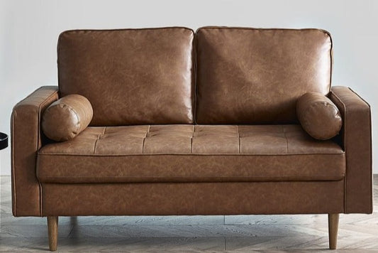 Brown Tan Faux Leather 2 Seater Sofa with Bolster