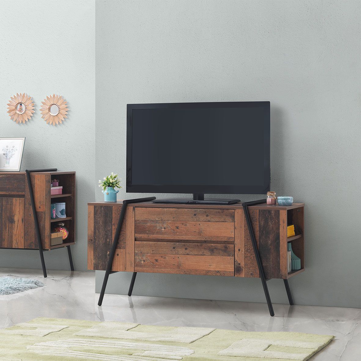 Rustic Oak TV Cabinet with 2 Drawers