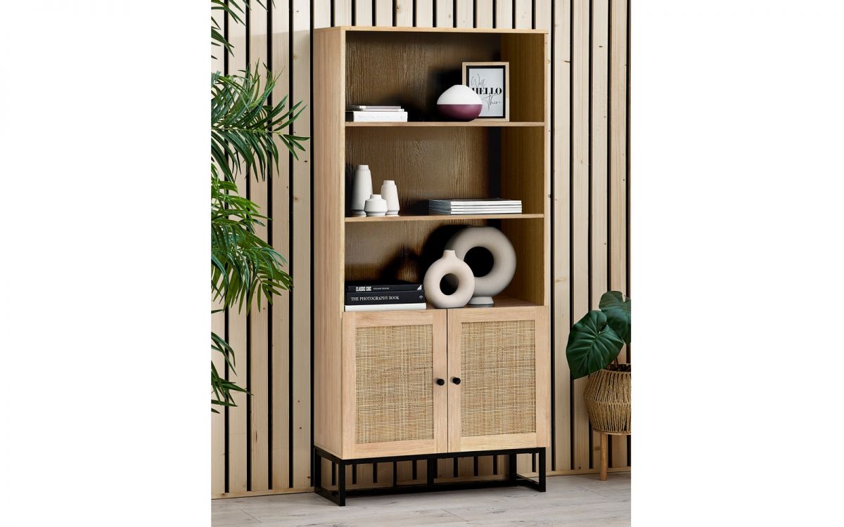 Oak Rattan 3 Shelve Tall Bookcase