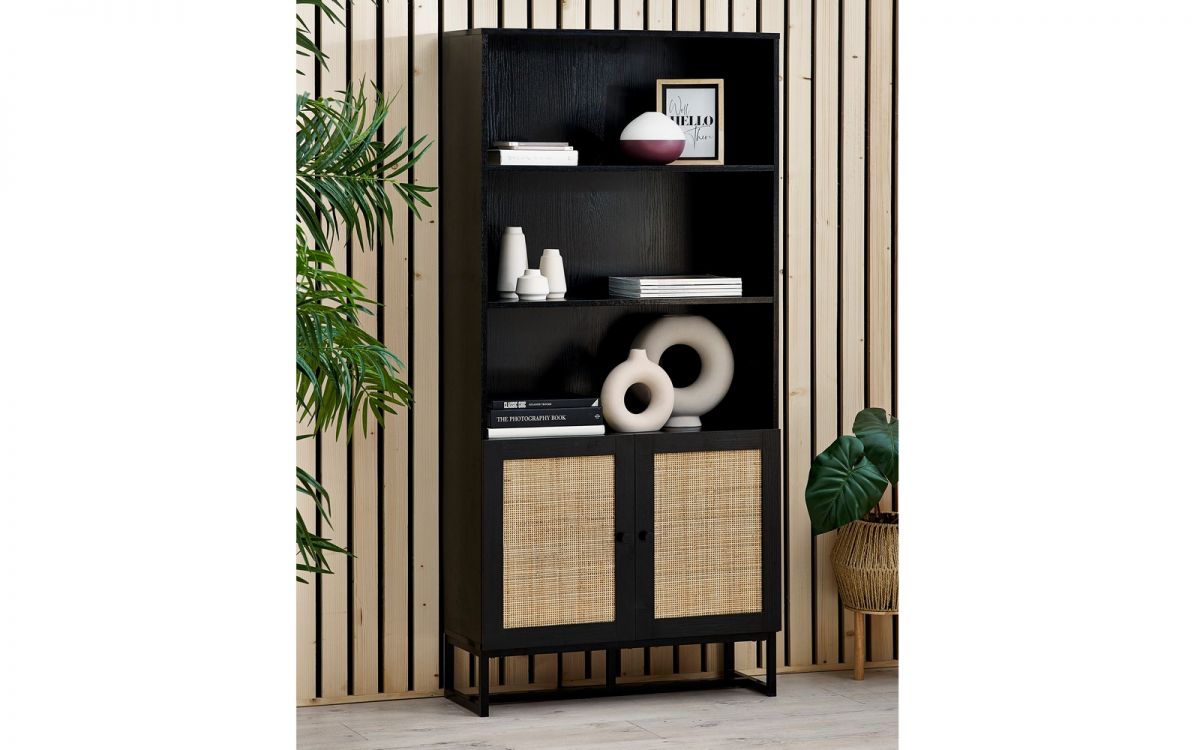 Black Rattan 3 Shelve Tall Bookcase