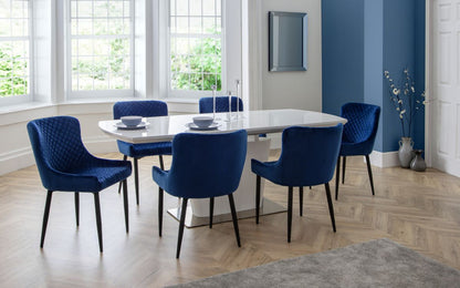 Como High Gloss White Extending Table with 6 Blue velvet chairs