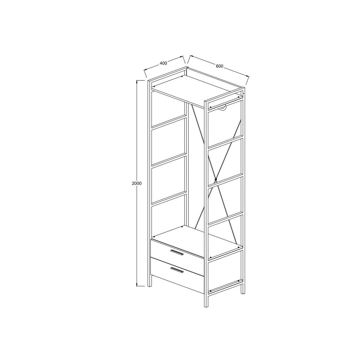 Open Oak Wardrobe with 2 Drawers measurements