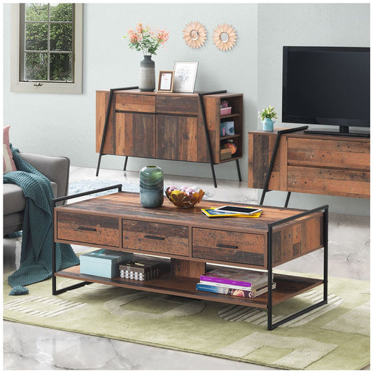 Abbey Rustic Oak Coffee Table With 3 Drawers