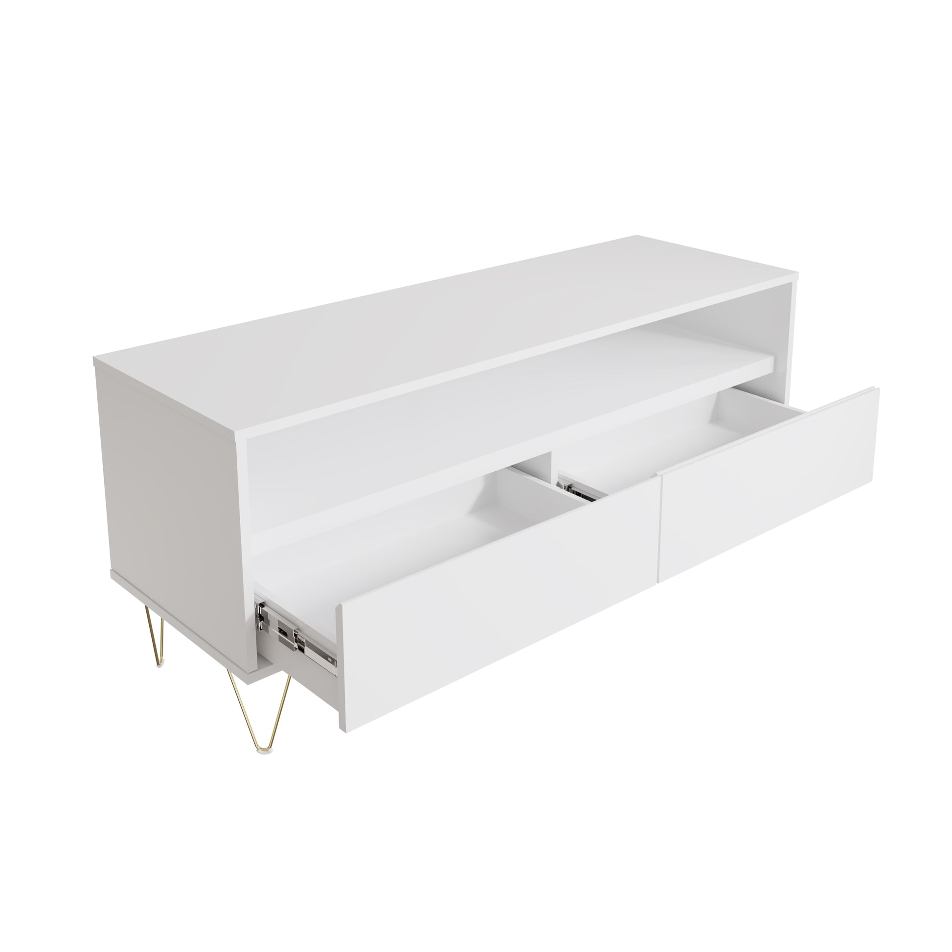 Monaco 2 Drawer White TV Cabinet with open drawers