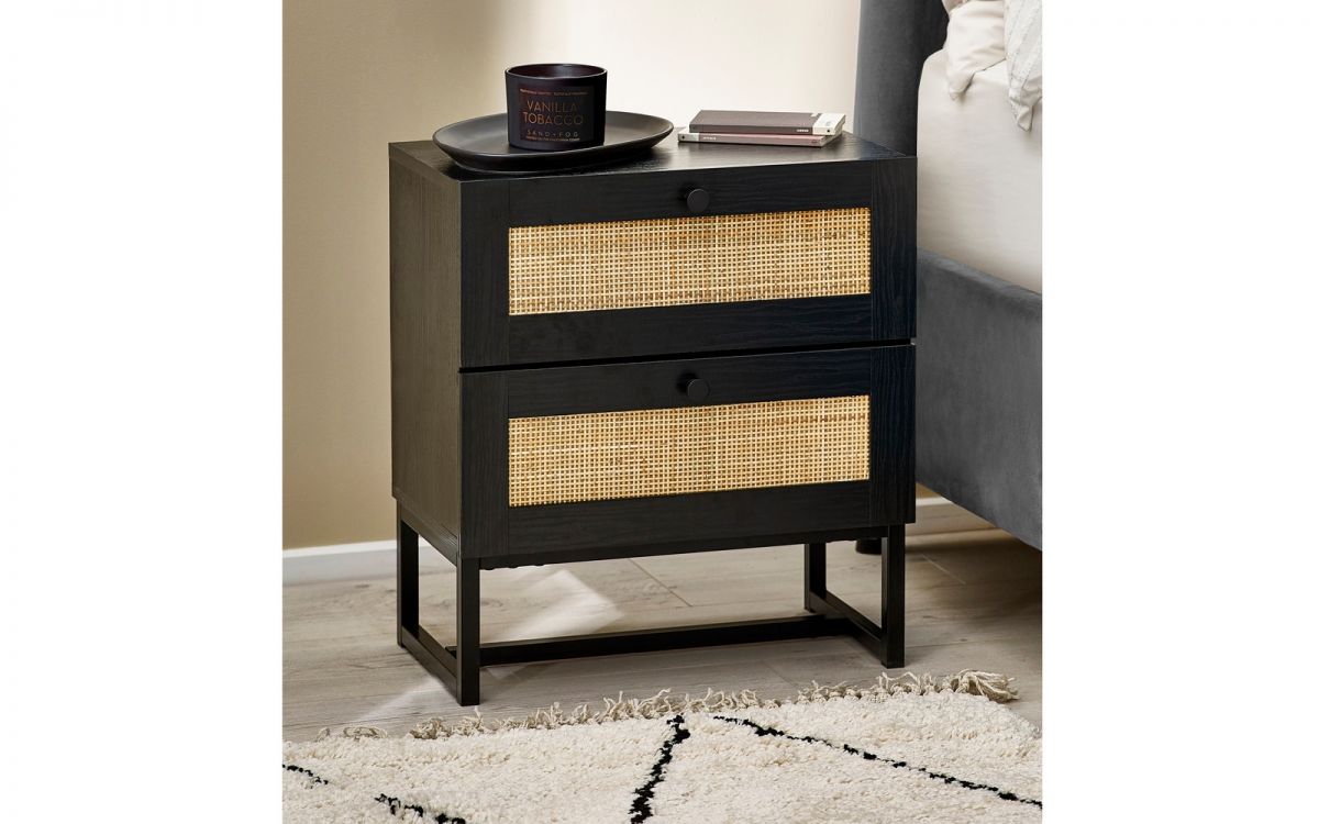 Black Rattan 2 Drawer Bedside Table