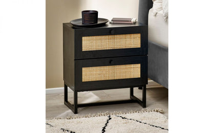 Black Rattan 2 Drawer Bedside Table