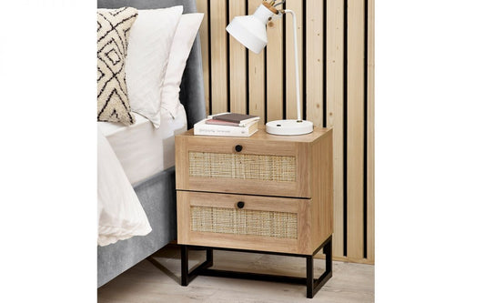 Oak Rattan 2 Drawer Bedside Table