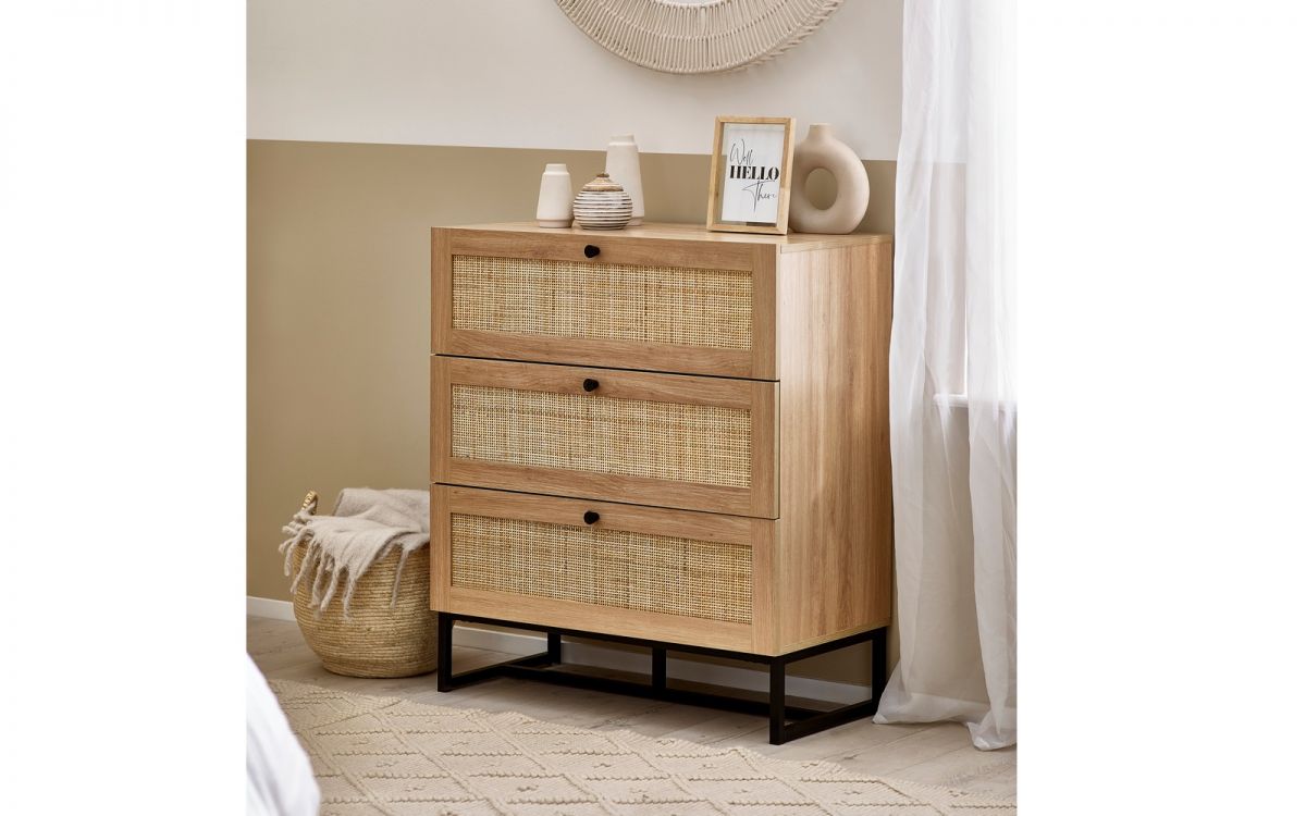 Oak Rattan 3 Drawer Chest