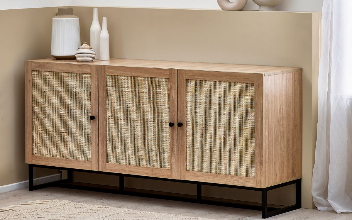 Oak Rattan 3 Cupboard Sideboard