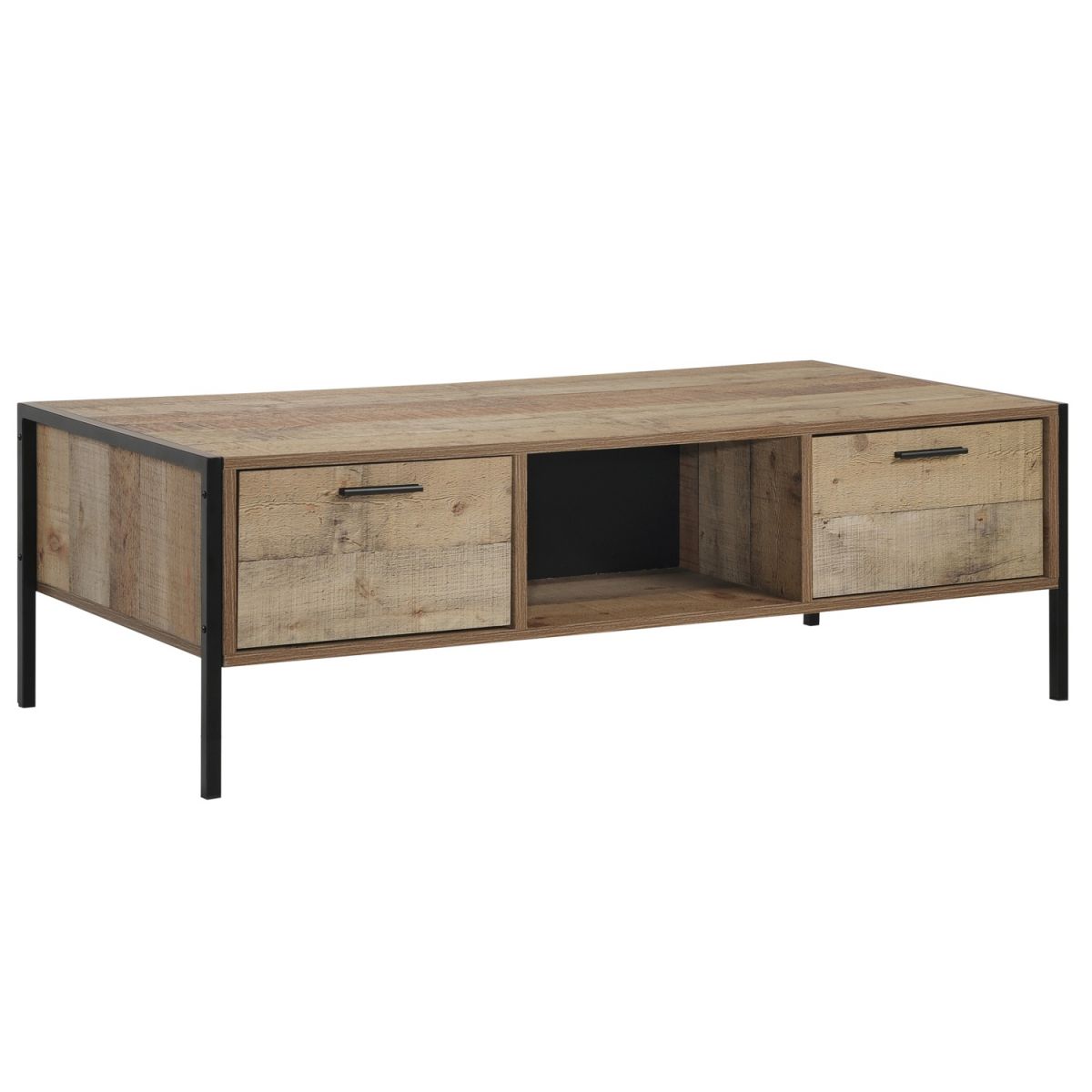 Rustic Wooden Coffee Table with Drawers and Shelf