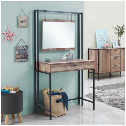 Rustic Oak Effect Wooden Dressing Table with Mirror and Drawer