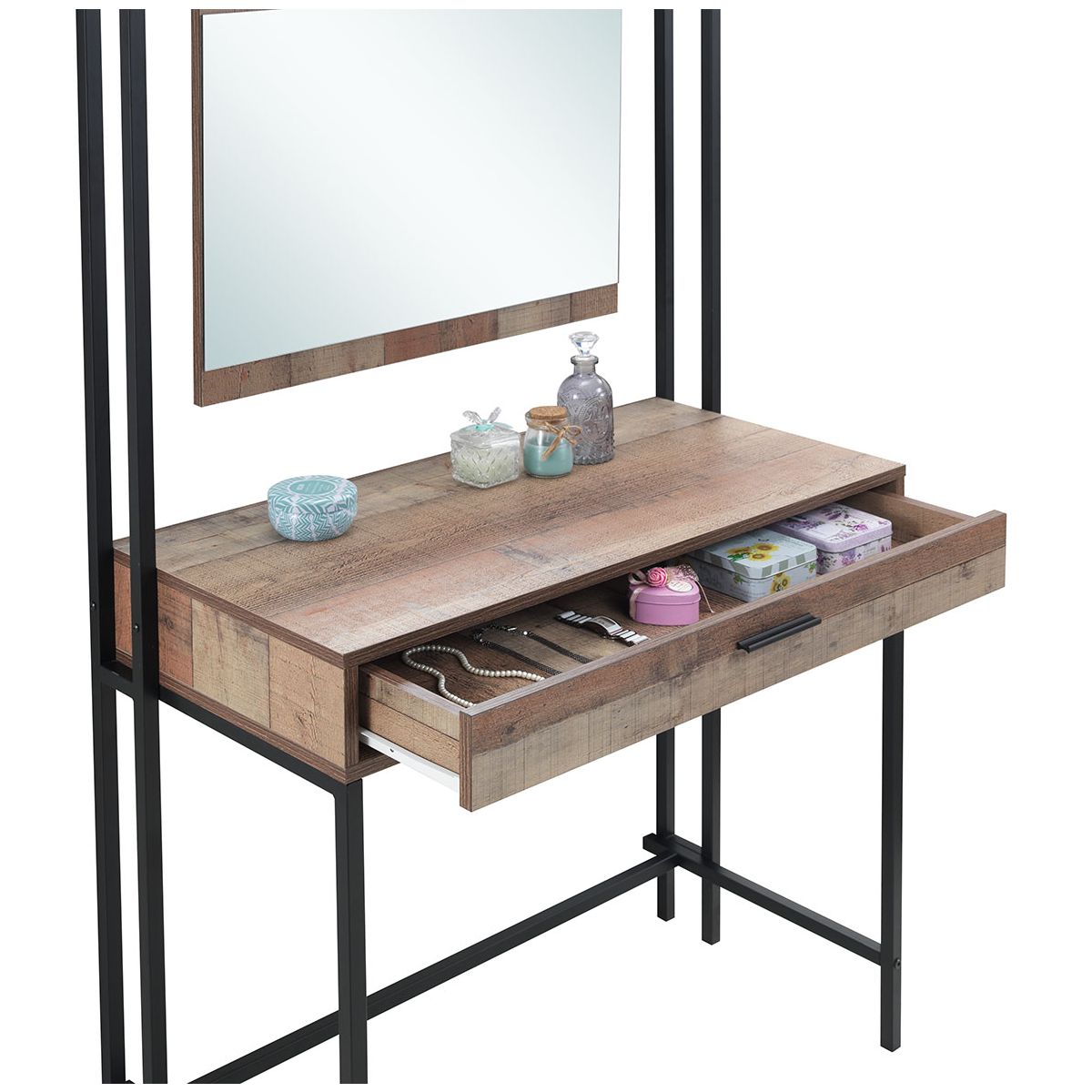 Rustic Oak Effect Wooden Dressing Table with Mirror and Drawer