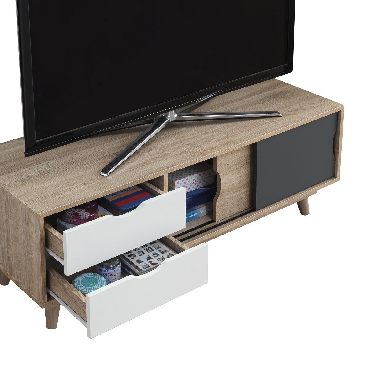 Oak TV Stand Unit Cabinet with 2 Doors and 2 Drawers