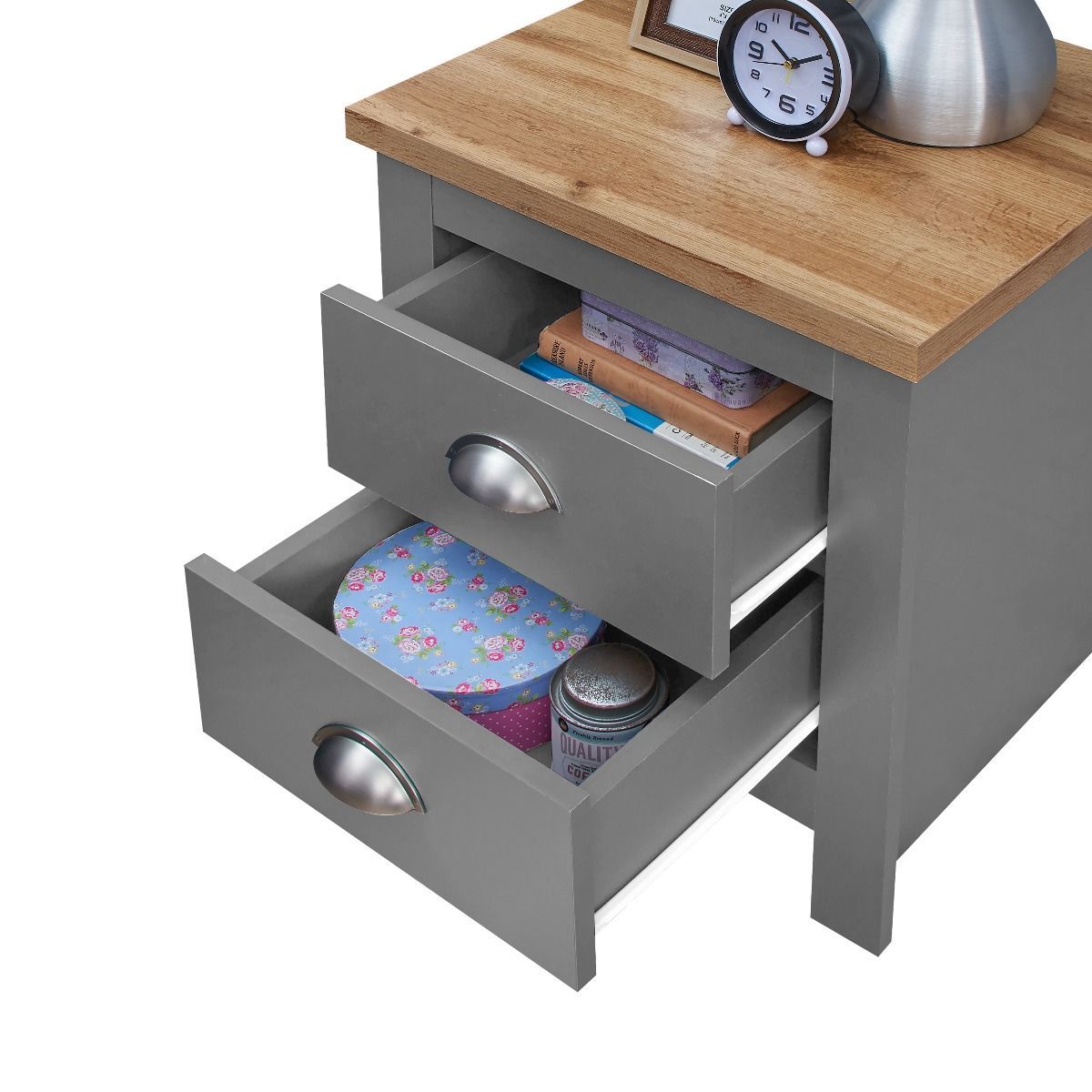 Lisbon Grey Bedside Table Drawers Open