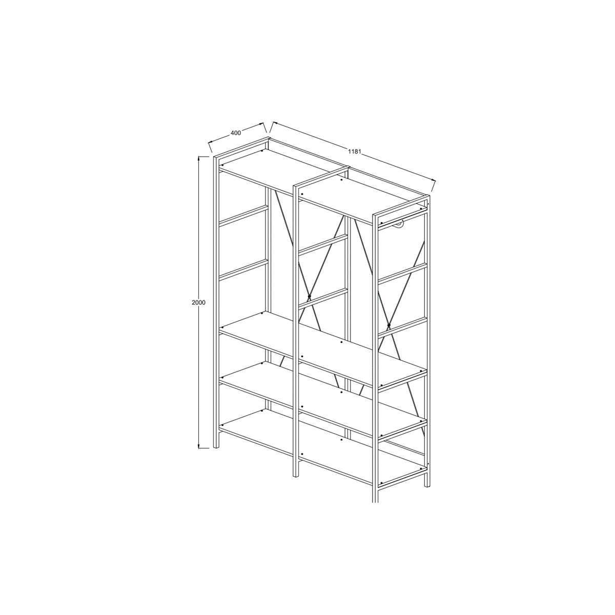 Oak Double Wardrobe 8 Shelves measurements