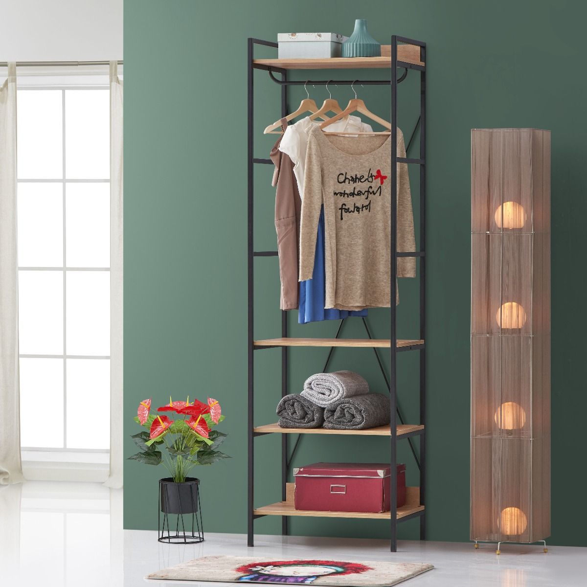 Open Oak Slim Wardrobe 4 Shelves