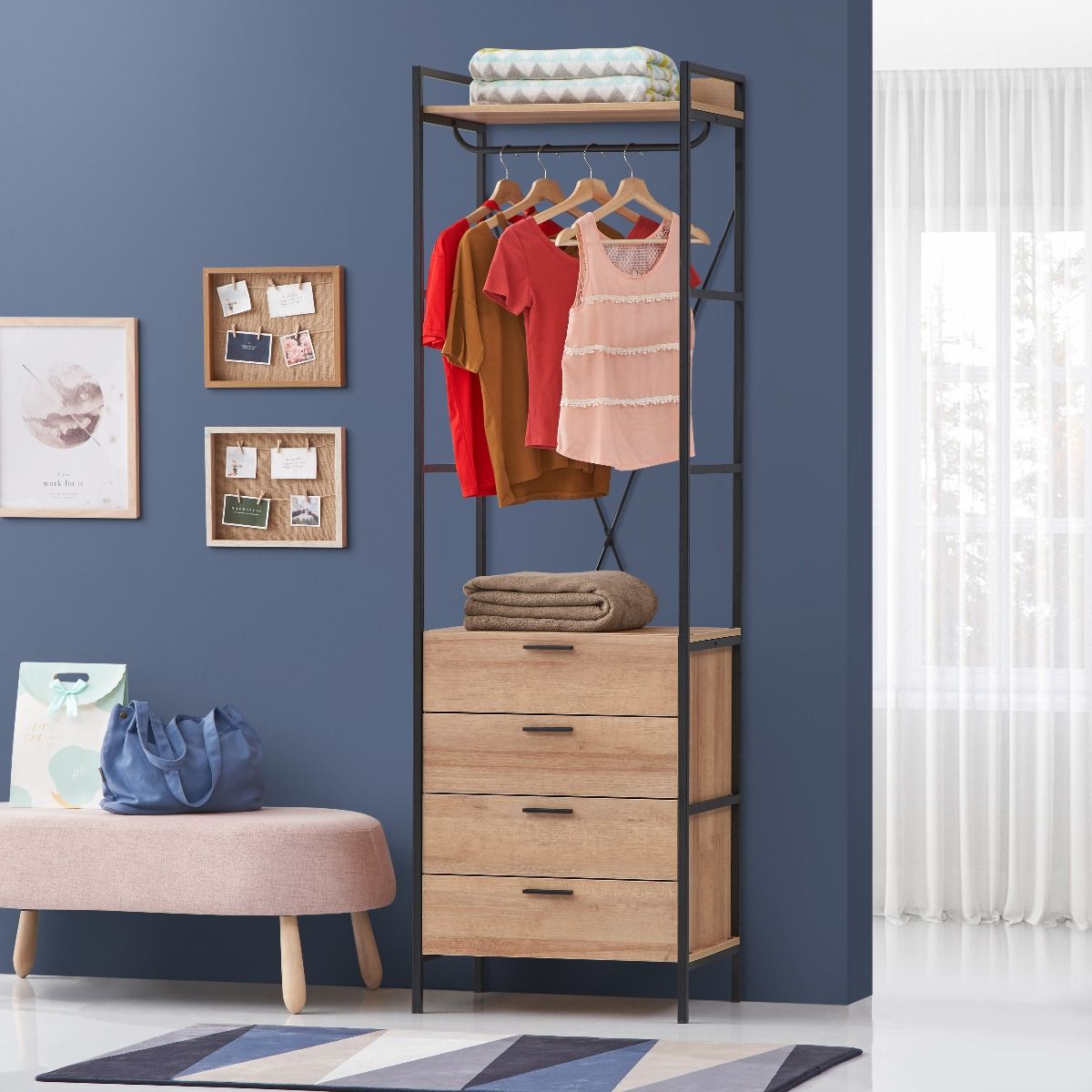 Open Oak Wardrobe with 4 Drawers